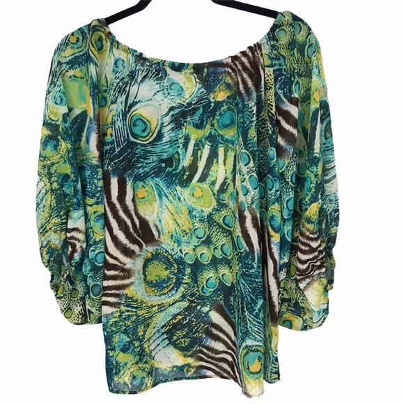 Romeo & Juliet Couture peacock zebra blouse puff balloon sleeves S - Picture 6 of 8